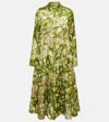 Erdem Floral Tiered Satin Midi Shirtdress In Green + Ecru