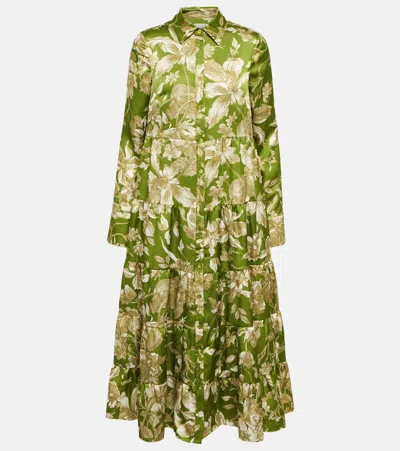 Erdem Floral Tiered Satin Midi Shirtdress In Green