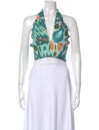 Pre-owned Erdem Patterned Halterneck Crop Top In Blue