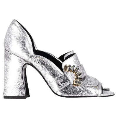 Erdem Peep Toe Block Heel Sandals In Silver Leather