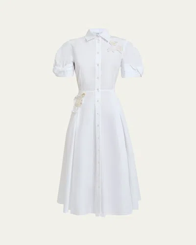 Erdem Pleated Floral Applique Cotton Midi Shirtdress In White