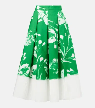 Erdem Pleated Floral Cotton Midi Skirt In Green