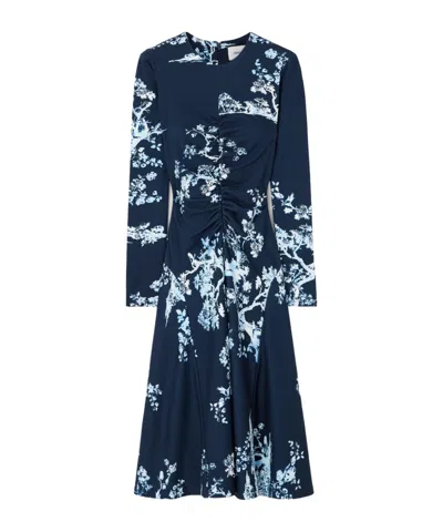 Erdem Gathered Printed Ponte Midi Dress In Blue