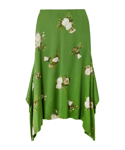 Erdem Draped Floral-print Crepon Midi Skirt In Green