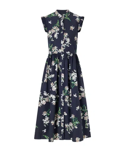 Erdem Pleated Ruffled Floral-print Cotton-poplin Midi Dress In Blue