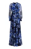 Erdem Chiffon Floral Print Gown In Blue