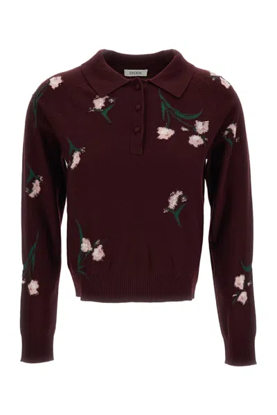 Erdem Polo-style Merino Wool Jumper With Reverse Intarsia Floral Pattern In Brown