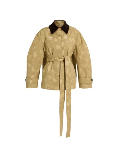 Erdem Belted Corduroy-trimmed Floral-jacquard Cotton Jacket In Nude