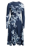 Erdem Print Long Sleeve Gathered Ponte Jersey Midi Dress In Blue