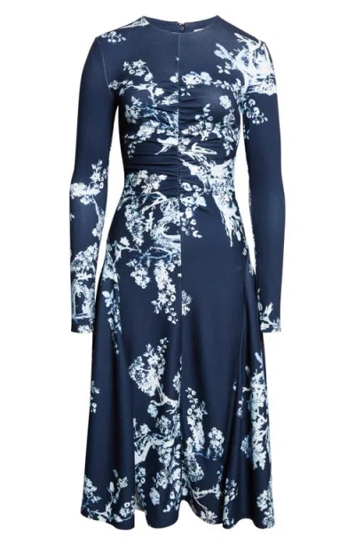 Erdem Print Long Sleeve Gathered Ponte Jersey Midi Dress In Blue