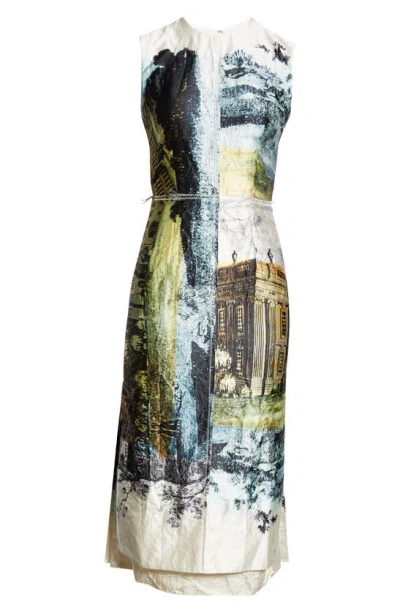 Erdem Print Pleated Back Satin Midi Dress In Parchment