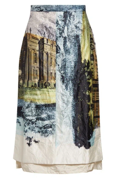 Erdem Print Satin Pleated Back Midi Skirt In Parchment
