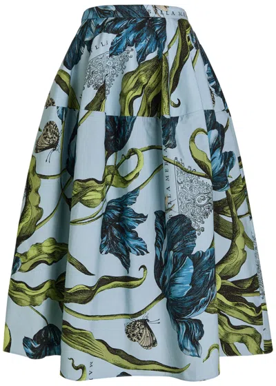 Erdem Printed Cotton-poplin Midi Skirt In Blue