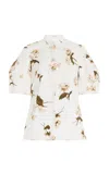 Erdem Floral Print Cotton Top With Collared Neck In White