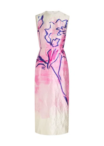 Erdem Printed Crinkled Satin Midi Dress In Pink
