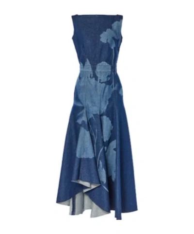 Erdem Printed Denim Midi Dress In Blue