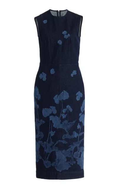 Erdem Printed Denim Midi Dress In Navy