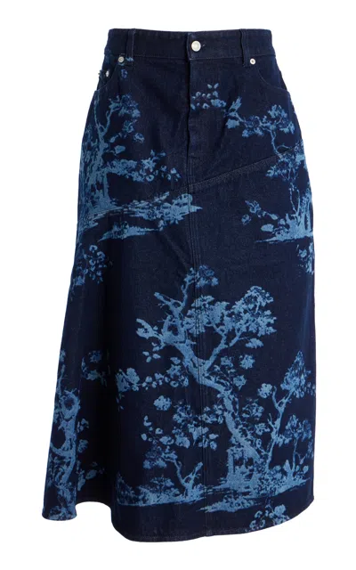 Erdem Printed Denim Midi Skirt In Navy
