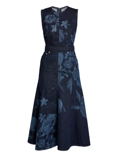 Erdem Floral-print Denim Sleeveless Flute Midi Dress In Blue