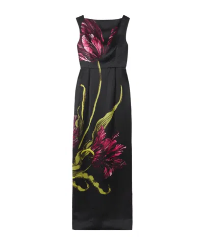 Erdem Floral-print Duchess Satin Sleeveless Gown In Black