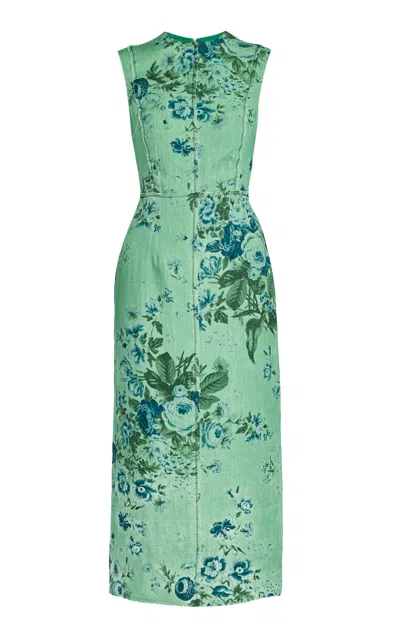 Erdem Printed Linen Pencil Midi Dress In Green