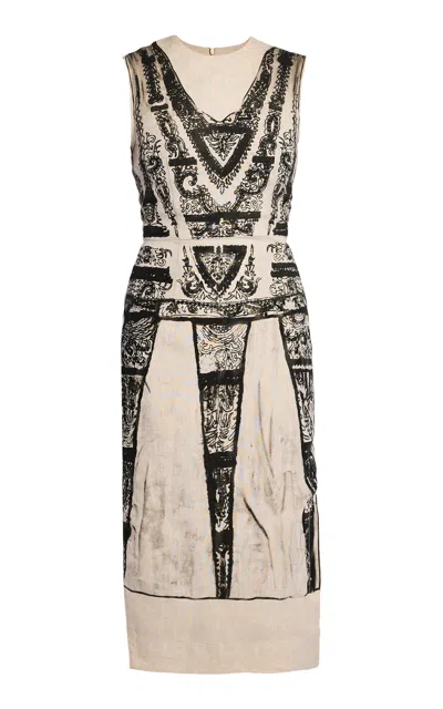 ERDEM PRINTED LINEN PENCIL MIDI DRESS