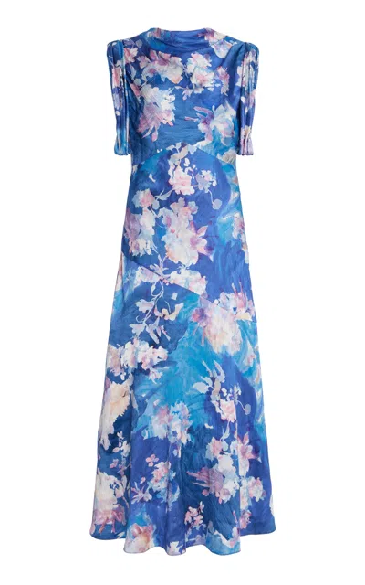 Erdem Printed Satin Midi Dress In Yellow