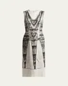 Erdem Printed Sleeveless Midi Pencil Linen Dress In Margot Imprint Black