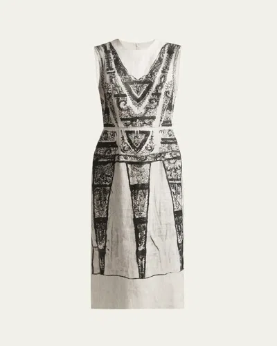Erdem Printed Sleeveless Midi Pencil Linen Dress In Margot Imprint Black