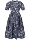 Erdem Ikat Puff Sleeve A-line Midi Dress In Blue