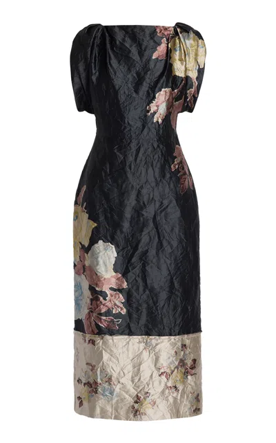Erdem Puff-sleeve Textured Satin Midi Dress In Black
