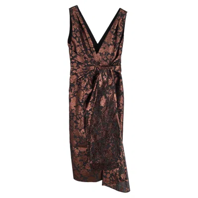 Pre-owned Erdem Rosalie Sash-waist Floral-brocade Tea Dress In Black Polyester In Brown