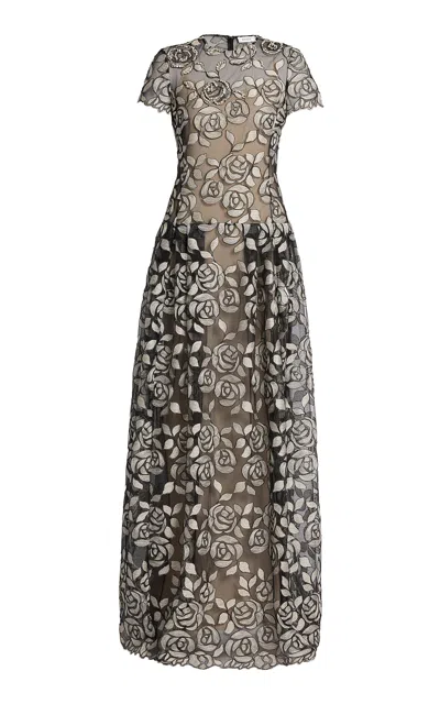 Erdem Rose Embroidered Tulle Gown In Black