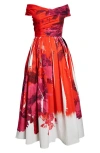 ERDEM ERDEM ROSE POPPY PRINT OFF THE SHOULDER MIDI COCKTAIL DRESS