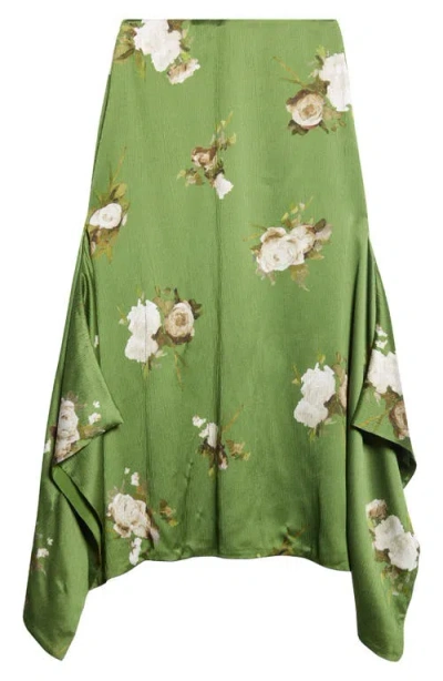 Erdem Rose Print Crinkled Satin Midi Skirt
