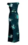 Erdem Rose-printed Off-the-shoulder Gown In Navy