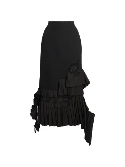 Erdem Ruffled Embroidered Midi Skirt In Black