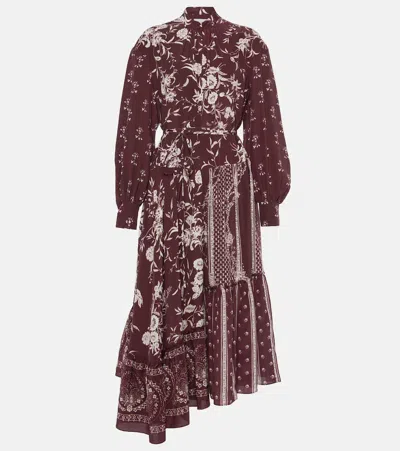 Erdem Ruffled Floral Silk Midi Dress In Burgundy