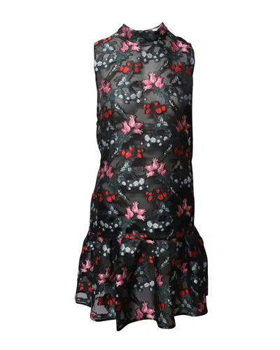 Erdem Ruffled Hem Embroidered Floral Shift Dress In Black Polyester In Multi