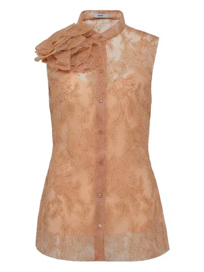Erdem Ruffled Lace Top In Brown