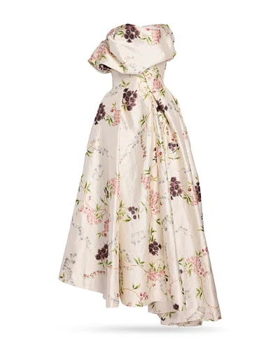 Erdem Strapless Floral-print Textured Satin Gown In Neutral