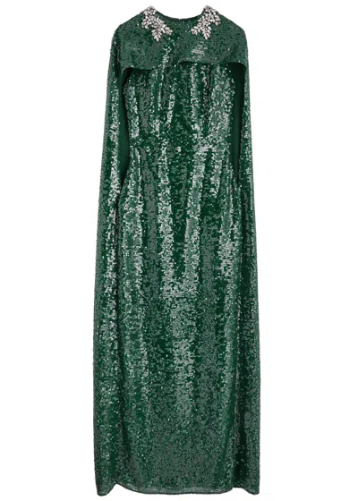 Erdem Sequin-embellished Cape-effect Chiffon Gown In Green Dark