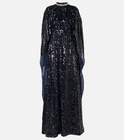 Erdem Sequined Caped Gown In Blue
