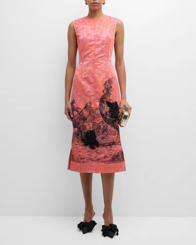 Erdem Sequined Chicken-print Sleeveless Bow Floral Brocade Midi Dress In Red