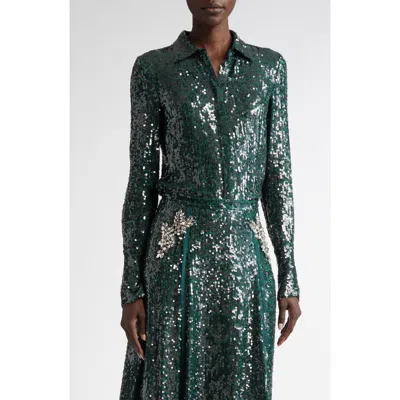 Erdem Sequined Chiffon Button-up Shirt In Dark Green