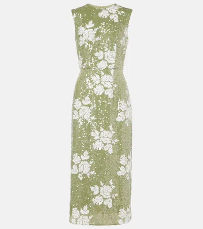 Erdem Sequined Floral Pencil Midi Dress In Green