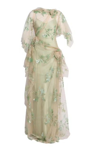 Erdem Sequined Flower Tulle Gown In Green