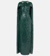Erdem Sequin-embellished Cape-effect Chiffon Gown In Dark Green