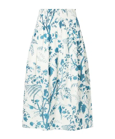 Erdem Shirred Floral-print Cotton And Linen-blend Midi Skirt In Blue