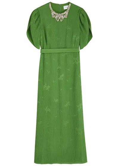 Erdem Short Sleeve Cocktail Plissé Silk-blend Midi Dress In Green